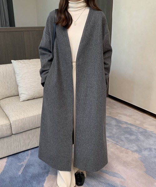 ABITOKYO（アビトーキョー）の「ノーカラーロングコート（ノーカラーコート・レディース・ベージュ/チャコールグレー/ブラック/モカ/グリーン/ブルー・FREE）」の12枚目の写真