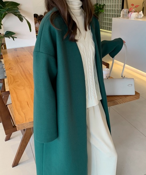 ABITOKYO（アビトーキョー）の「ノーカラーロングコート（ノーカラーコート・レディース・ベージュ/チャコールグレー/ブラック/モカ/グリーン/ブルー・FREE）」の7枚目の写真