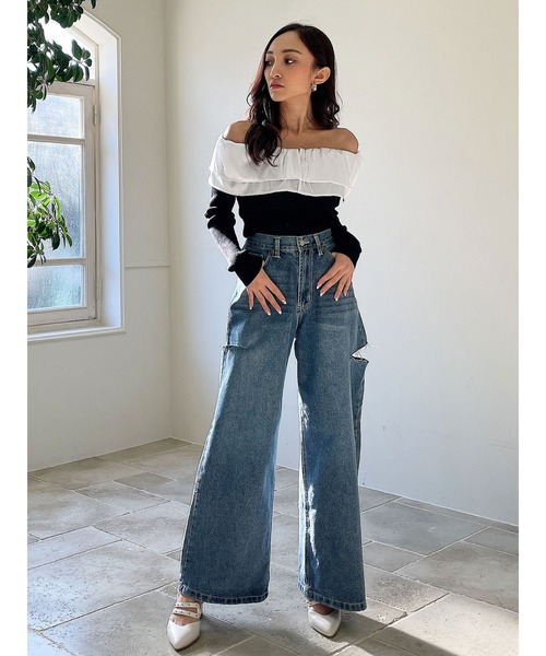 DURAS(デュラス)の「サイドカットデニムワイドパンツ(デニムパンツ・レディース・インディゴブルー・MEDIUM/SMALL)」の4枚目の写真