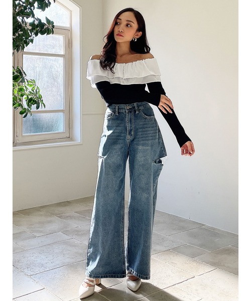 DURAS(デュラス)の「サイドカットデニムワイドパンツ(デニムパンツ・レディース・インディゴブルー・MEDIUM/SMALL)」の5枚目の写真