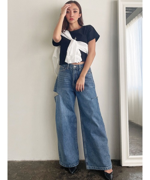 DURAS(デュラス)の「サイドカットデニムワイドパンツ(デニムパンツ・レディース・インディゴブルー・MEDIUM/SMALL)」の9枚目の写真