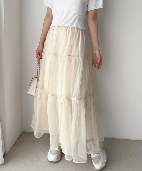 one after another NICE CLAUP（ワンアフターアナザーナイスクラップ）の「2WAYシアーティアードスカート　2枚セット/ぺチスカート付き（スカート・レディース・ピンク/ブラック/アイボリー/グレー・FREE）」の11枚目の写真