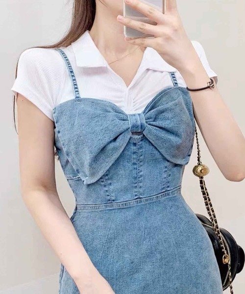 SPIGA(スピーガ)の「フロントリボンデニムキャミワンピース(ワンピース・レディース・ブラック/ブルー・FREE)」の18枚目の写真