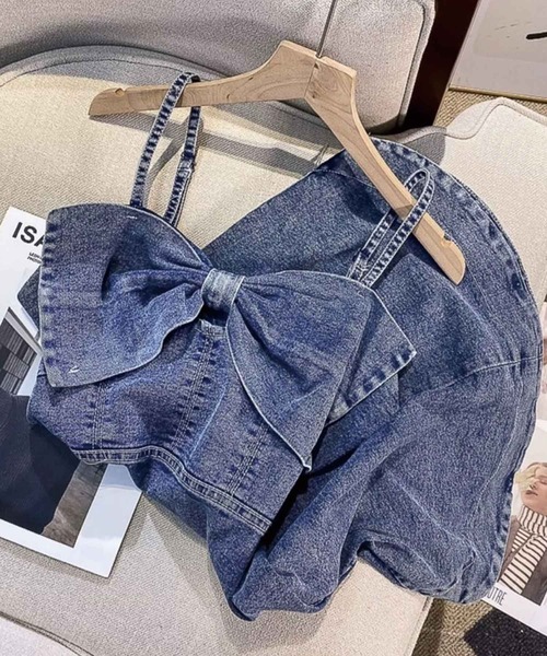 SPIGA(スピーガ)の「フロントリボンデニムキャミワンピース(ワンピース・レディース・ブラック/ブルー・FREE)」の12枚目の写真