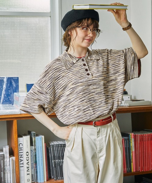 MONO-MART LADY'S（モノマートレディース）の「オーバーサイズメランジニットポロシャツ（ポロシャツ・レディース・ブラック/サックスブルー/ブラウン/ボルドー・FREE）」の2枚目の写真