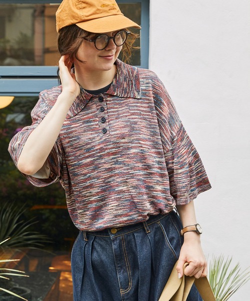 MONO-MART LADY'S（モノマートレディース）の「オーバーサイズメランジニットポロシャツ（ポロシャツ・レディース・ブラック/サックスブルー/ブラウン/ボルドー・FREE）」の4枚目の写真