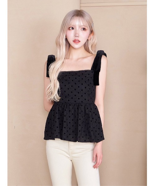 Darich(ダーリッチ)の「ショルダーリボンドットキャミソール(Tシャツ/カットソー・レディース・ブラック/アイボリー/ライム・FREE)」の1枚目の写真