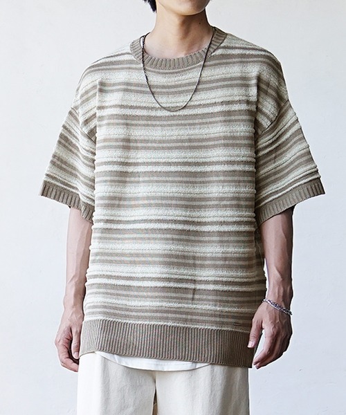 レトロなサマーニット】ランダムボーダールーズサマーニット 半袖T