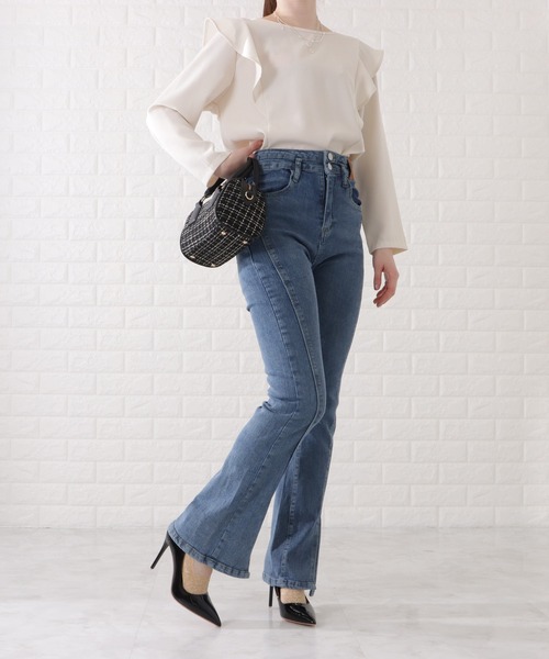 Lace Ladies(レースレディース)の「センタースリット入りステッチデニムパンツ(デニムパンツ・レディース・ブラック/ライトブルー/ネイビー・M/XL/S)」の13枚目の写真