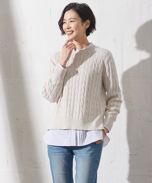 J.PRESS(ジェイプレス)の「【洗える】GIZA MERCERIZE COTTON ケーブル ニット(ニット/セーター・レディース・イエロー系/スカイブルー系/ベージュ系/ピンク系・LARGE/MEDIUM)」の2枚目の写真