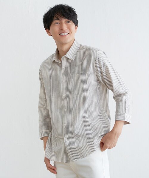 ikka（イッカ）の「【吸水速乾】7分袖イージーケアリネンストライプシャツ（シャツ/ブラウス・メンズ・ベージュ/ネイビー・L/XL/M/S）」の8枚目の写真