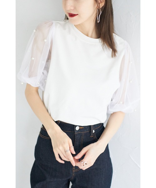 &. NOSTALGIA（アンドドットノスタルジア）の「【ZOZO限定】袖チュールパール付きプルオーバー（Tシャツ/カットソー・レディース・ブラック/オフホワイト・M）」の2枚目の写真