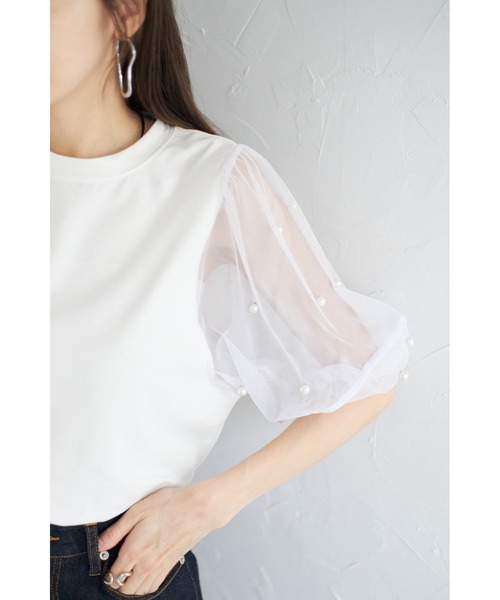 &. NOSTALGIA（アンドドットノスタルジア）の「【ZOZO限定】袖チュールパール付きプルオーバー（Tシャツ/カットソー・レディース・ブラック/オフホワイト・M）」の7枚目の写真