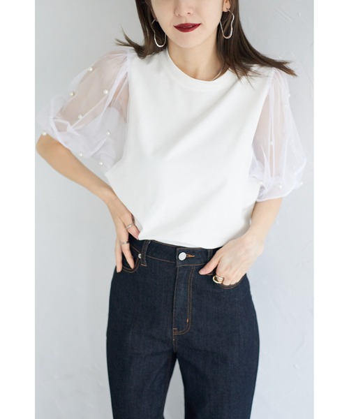 &. NOSTALGIA（アンドドットノスタルジア）の「【ZOZO限定】袖チュールパール付きプルオーバー（Tシャツ/カットソー・レディース・ブラック/オフホワイト・M）」の6枚目の写真