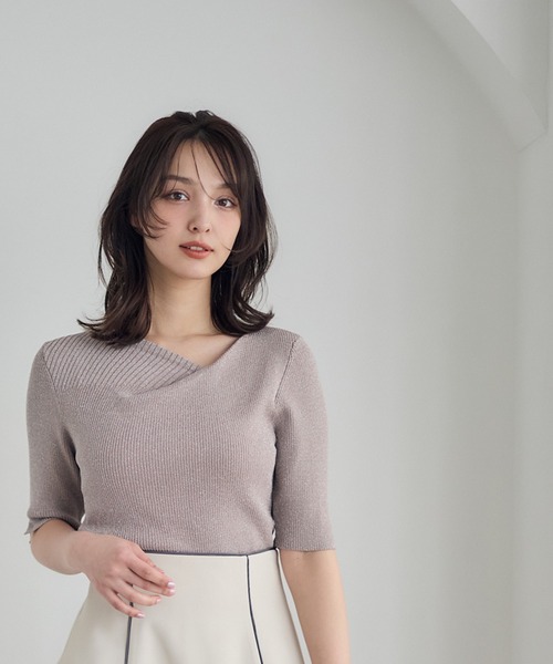 12Twelve Agenda（トゥエルブ　アジェンダ）の「アシメタックネック5分袖ラメリブニットプルオーバー（ニット/セーター・レディース・サックスブルー/チャコールグレー/グレイッシュベージュ/グレー系/ピンクベージュ/サックスブルー系・M）」の6枚目の写真