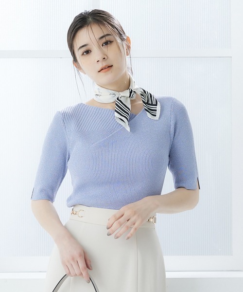 12Twelve Agenda（トゥエルブ　アジェンダ）の「アシメタックネック5分袖ラメリブニットプルオーバー（ニット/セーター・レディース・サックスブルー/チャコールグレー/グレイッシュベージュ/グレー系/ピンクベージュ/サックスブルー系・M）」の9枚目の写真