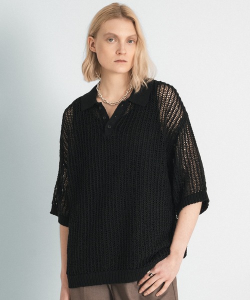 selle glant（セレグランテ）の「TAPE YARN MASH POLO/テープヤーンメッシュポロニット（ポロシャツ・メンズ・ブラック/ボルドー・SMALL/MEDIUM/LARGE）」の2枚目の写真