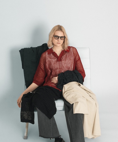 selle glant（セレグランテ）の「TAPE YARN MASH POLO/テープヤーンメッシュポロニット（ポロシャツ・メンズ・ブラック/ボルドー・SMALL/MEDIUM/LARGE）」の20枚目の写真