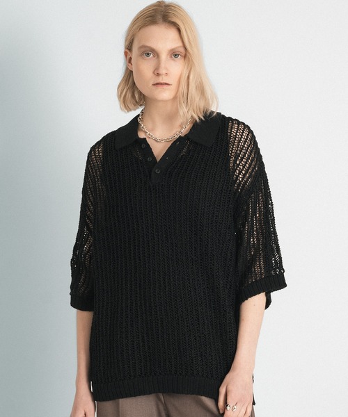 selle glant（セレグランテ）の「TAPE YARN MASH POLO/テープヤーンメッシュポロニット（ポロシャツ・メンズ・ブラック/ボルドー・SMALL/MEDIUM/LARGE）」の3枚目の写真