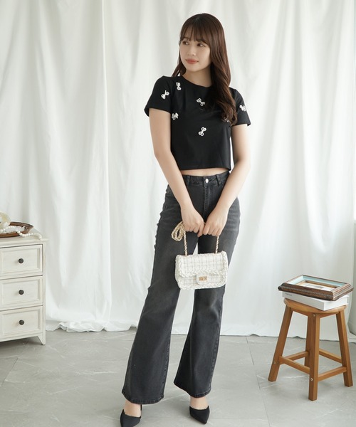 Jasmine Grandiflorum(ジャスミングランディフローラム)の「【Jasmine】パールリボン半袖Tシャツ(Tシャツ/カットソー・レディース・ブラック/ホワイト・FREE)」の10枚目の写真
