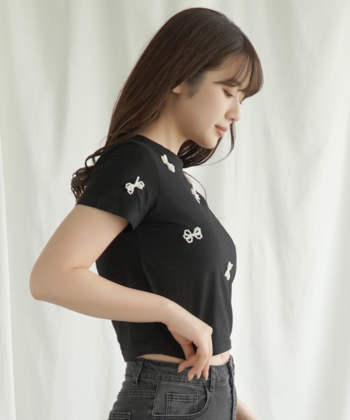 Jasmine Grandiflorum(ジャスミングランディフローラム)の「【Jasmine】パールリボン半袖Tシャツ(Tシャツ/カットソー・レディース・ブラック/ホワイト・FREE)」の9枚目の写真