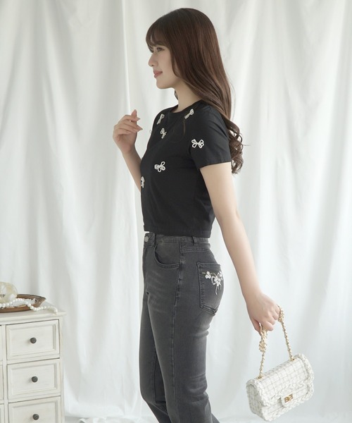 Jasmine Grandiflorum(ジャスミングランディフローラム)の「【Jasmine】パールリボン半袖Tシャツ(Tシャツ/カットソー・レディース・ブラック/ホワイト・FREE)」の12枚目の写真