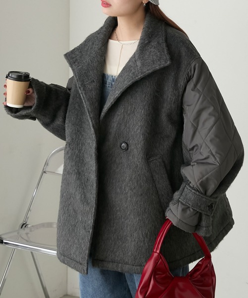 BONLECILL（ボンルシール）の「2wayシャギー×キルト切替スタンドネックコート（ステンカラーコート・レディース・アイボリー/カーキ/チャコールグレー/モカ/ブラック・FREE）」の9枚目の写真