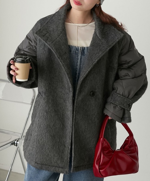 BONLECILL（ボンルシール）の「2wayシャギー×キルト切替スタンドネックコート（ステンカラーコート・レディース・アイボリー/カーキ/チャコールグレー/モカ/ブラック・FREE）」の10枚目の写真