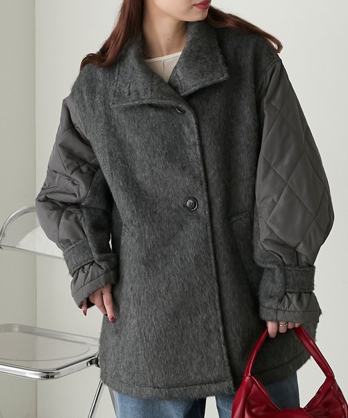 BONLECILL（ボンルシール）の「2wayシャギー×キルト切替スタンドネックコート（ステンカラーコート・レディース・アイボリー/カーキ/チャコールグレー/モカ/ブラック・FREE）」の12枚目の写真