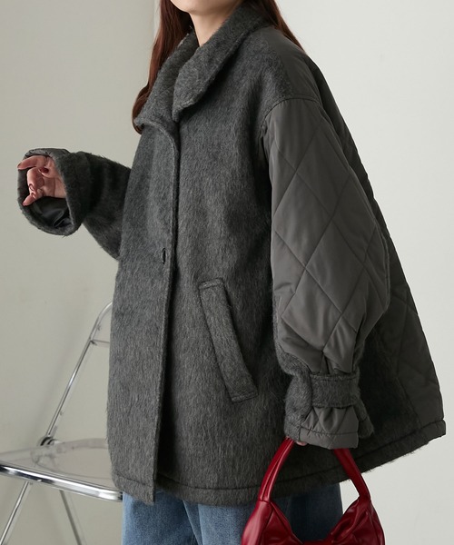 BONLECILL（ボンルシール）の「2wayシャギー×キルト切替スタンドネックコート（ステンカラーコート・レディース・アイボリー/カーキ/チャコールグレー/モカ/ブラック・FREE）」の13枚目の写真