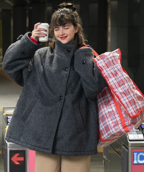 セール】2wayシャギー×キルト切替スタンドネックコート（ステンカラー