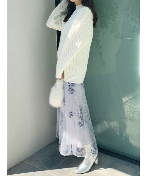 MERCURYDUO（マーキュリーデュオ）の「ミドル丈ボトルネックケーブルニット（ニット/セーター・レディース・レッド/グレー/アイボリー・FREE）」の13枚目の写真