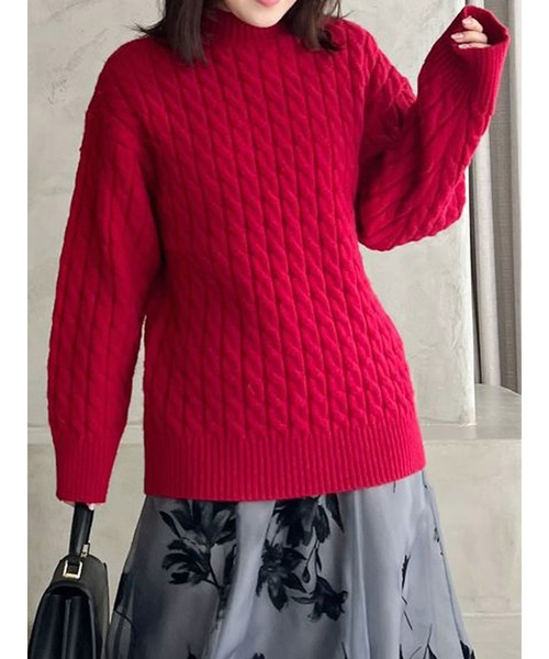 MERCURYDUO（マーキュリーデュオ）の「ミドル丈ボトルネックケーブルニット（ニット/セーター・レディース・レッド/グレー/アイボリー・FREE）」の3枚目の写真