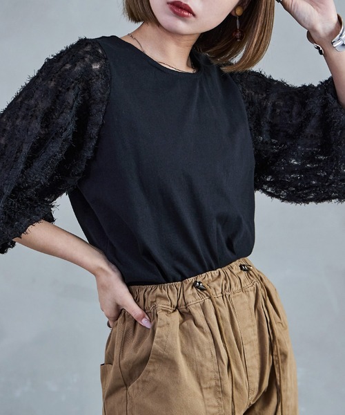 Fashion Letter(ファッションレター)の「フリンジチュールプルオーバー トップス フリンジ ショート丈 クロップド丈 チュール シースルー(Tシャツ/カットソー・レディース・ブラック/オフホワイト・M)」の11枚目の写真