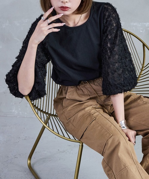 Fashion Letter(ファッションレター)の「フリンジチュールプルオーバー トップス フリンジ ショート丈 クロップド丈 チュール シースルー(Tシャツ/カットソー・レディース・ブラック/オフホワイト・M)」の10枚目の写真