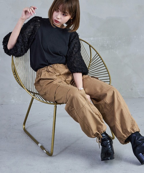 Fashion Letter(ファッションレター)の「フリンジチュールプルオーバー トップス フリンジ ショート丈 クロップド丈 チュール シースルー(Tシャツ/カットソー・レディース・ブラック/オフホワイト・M)」の9枚目の写真