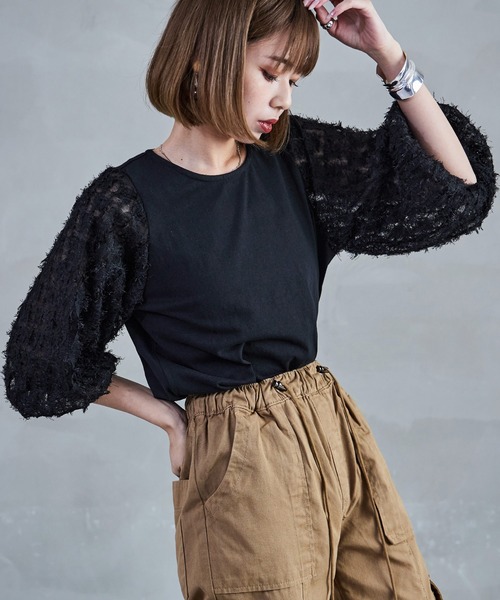 Fashion Letter(ファッションレター)の「フリンジチュールプルオーバー トップス フリンジ ショート丈 クロップド丈 チュール シースルー(Tシャツ/カットソー・レディース・ブラック/オフホワイト・M)」の8枚目の写真