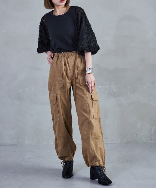 Fashion Letter(ファッションレター)の「フリンジチュールプルオーバー トップス フリンジ ショート丈 クロップド丈 チュール シースルー(Tシャツ/カットソー・レディース・ブラック/オフホワイト・M)」の6枚目の写真