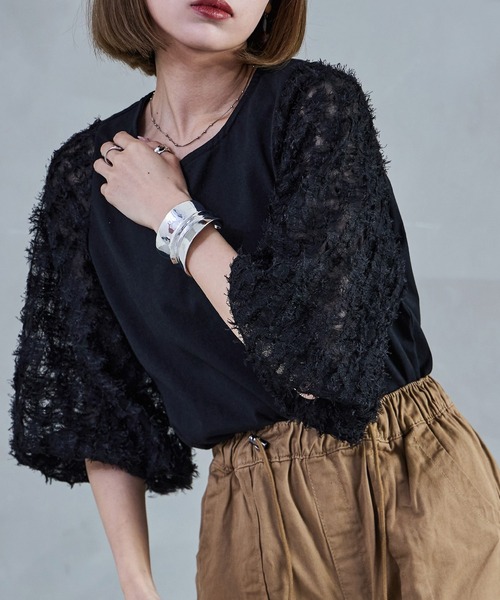 Fashion Letter(ファッションレター)の「フリンジチュールプルオーバー トップス フリンジ ショート丈 クロップド丈 チュール シースルー(Tシャツ/カットソー・レディース・ブラック/オフホワイト・M)」の5枚目の写真