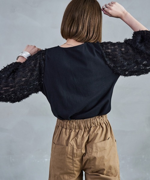 Fashion Letter(ファッションレター)の「フリンジチュールプルオーバー トップス フリンジ ショート丈 クロップド丈 チュール シースルー(Tシャツ/カットソー・レディース・ブラック/オフホワイト・M)」の3枚目の写真