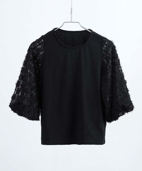 Fashion Letter(ファッションレター)の「フリンジチュールプルオーバー トップス フリンジ ショート丈 クロップド丈 チュール シースルー(Tシャツ/カットソー・レディース・ブラック/オフホワイト・M)」の15枚目の写真