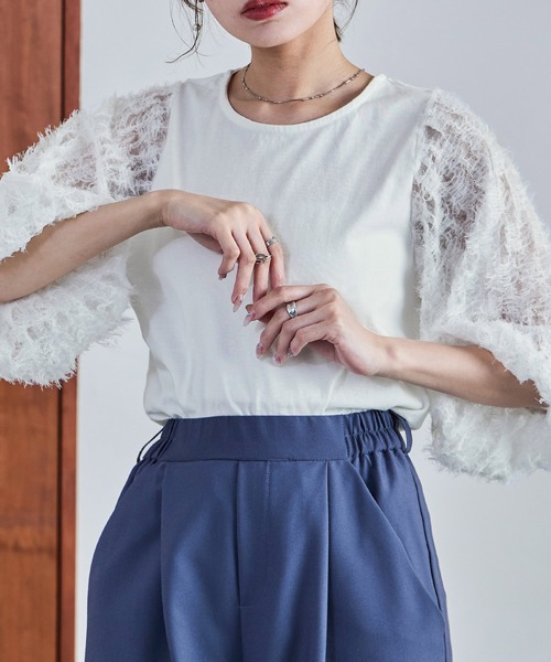 Fashion Letter(ファッションレター)の「フリンジチュールプルオーバー トップス フリンジ ショート丈 クロップド丈 チュール シースルー(Tシャツ/カットソー・レディース・ブラック/オフホワイト・M)」の21枚目の写真