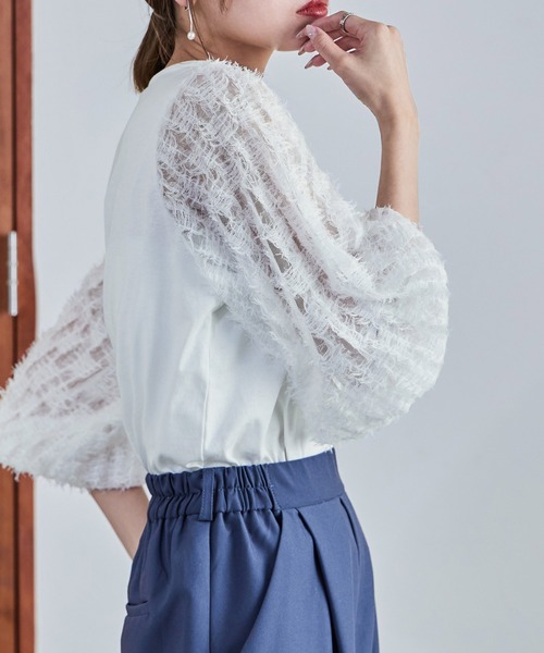 Fashion Letter(ファッションレター)の「フリンジチュールプルオーバー トップス フリンジ ショート丈 クロップド丈 チュール シースルー(Tシャツ/カットソー・レディース・ブラック/オフホワイト・M)」の19枚目の写真