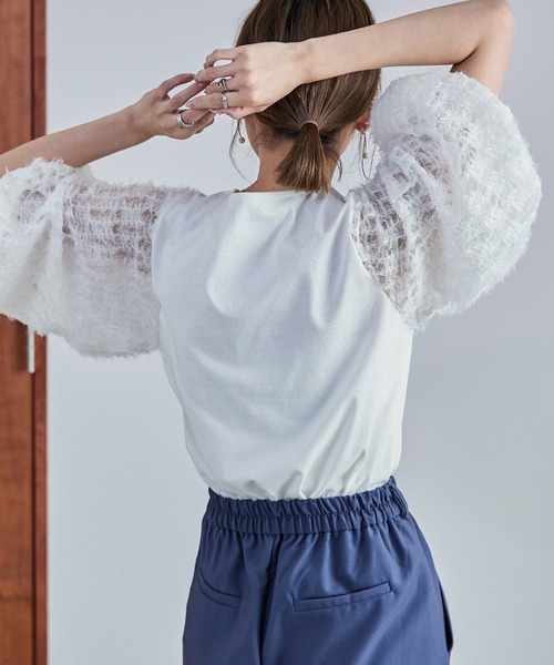 Fashion Letter(ファッションレター)の「フリンジチュールプルオーバー トップス フリンジ ショート丈 クロップド丈 チュール シースルー(Tシャツ/カットソー・レディース・ブラック/オフホワイト・M)」の17枚目の写真