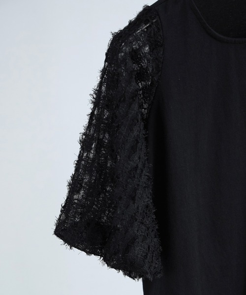 Fashion Letter(ファッションレター)の「フリンジチュールプルオーバー トップス フリンジ ショート丈 クロップド丈 チュール シースルー(Tシャツ/カットソー・レディース・ブラック/オフホワイト・M)」の13枚目の写真