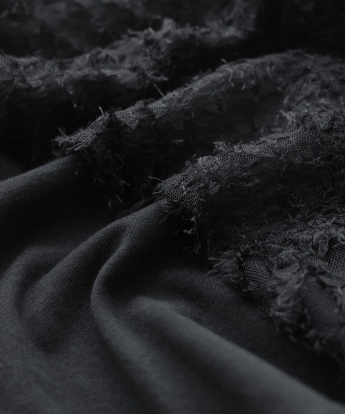 Fashion Letter(ファッションレター)の「フリンジチュールプルオーバー トップス フリンジ ショート丈 クロップド丈 チュール シースルー(Tシャツ/カットソー・レディース・ブラック/オフホワイト・M)」の12枚目の写真