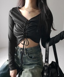 【 2color 】レースアップショートスリムカットソートップス / lace up short slim cut and sew tops