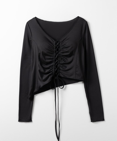 me+em select(ミームセレクト)の「【 2color 】レースアップショートスリムカットソートップス / lace up short slim cut and sew tops(Tシャツ/カットソー・レディース・ブラック/チャコール・FREE)」の22枚目の写真