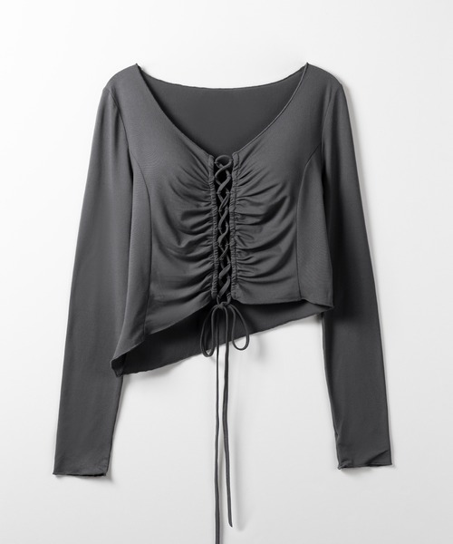 me+em select(ミームセレクト)の「【 2color 】レースアップショートスリムカットソートップス / lace up short slim cut and sew tops(Tシャツ/カットソー・レディース・ブラック/チャコール・FREE)」の21枚目の写真