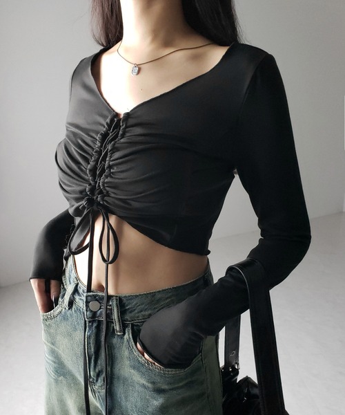 me+em select(ミームセレクト)の「【 2color 】レースアップショートスリムカットソートップス / lace up short slim cut and sew tops(Tシャツ/カットソー・レディース・ブラック/チャコール・FREE)」の15枚目の写真